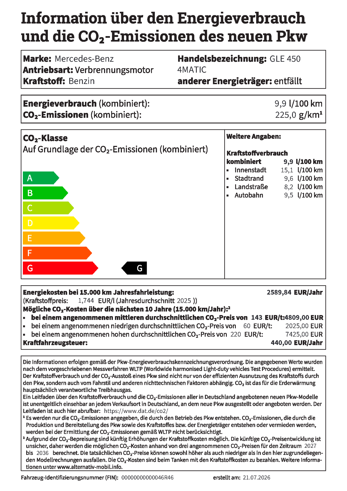 Energielabel nach PKW-EnVKV, Mercedes-Benz GLE 450